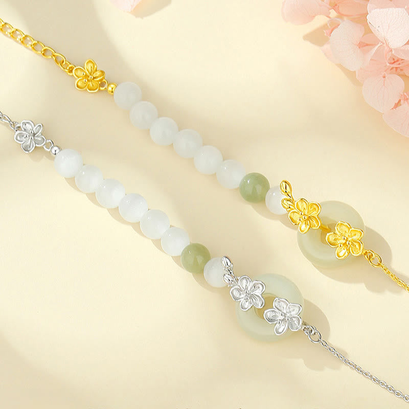 Nimara Ritual 999 Sterling Silver Natural Hetian Jade Peace Buckle Peach Blossom Luck Bracelet