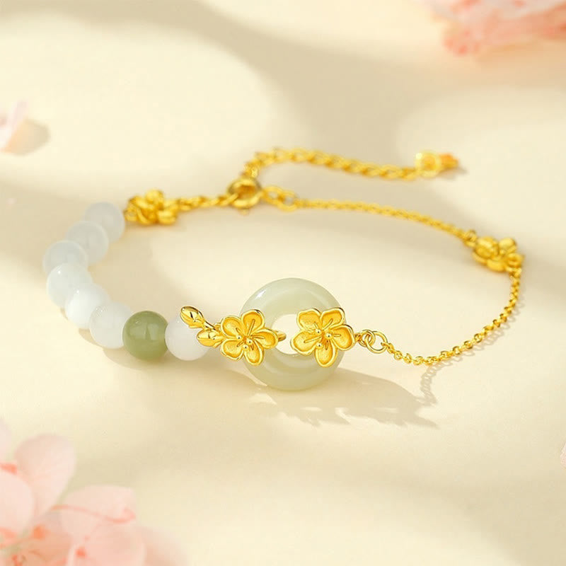 Nimara Ritual 999 Sterling Silver Natural Hetian Jade Peace Buckle Peach Blossom Luck Bracelet