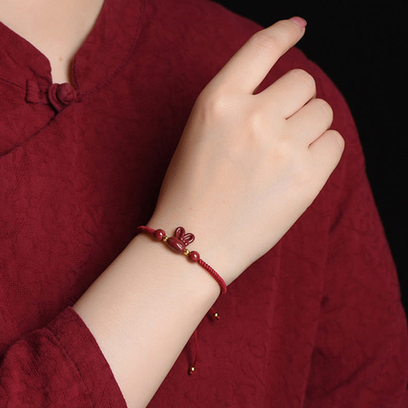 Nimara Ritual Handmade Cinnabar Chinese Zodiac Rabbit Luck Red Rope Bracelet
