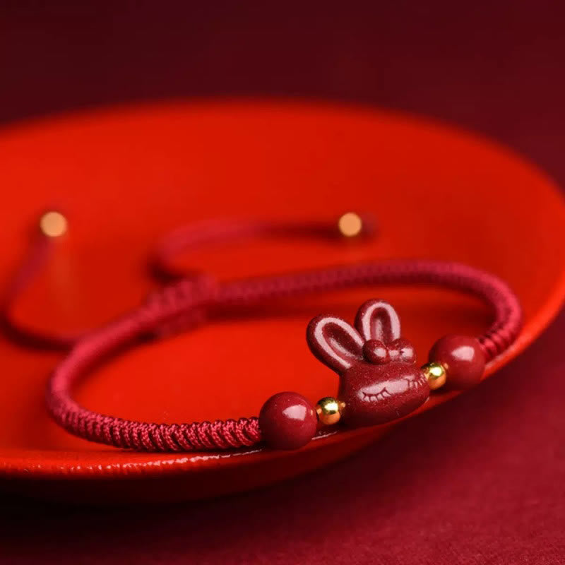 Nimara Ritual Handmade Cinnabar Chinese Zodiac Rabbit Luck Red Rope Bracelet