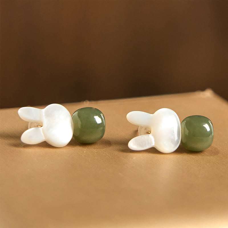 Nimara Ritual Tridacna Stone Cute Rabbit Hetian Jade Luck Earrings