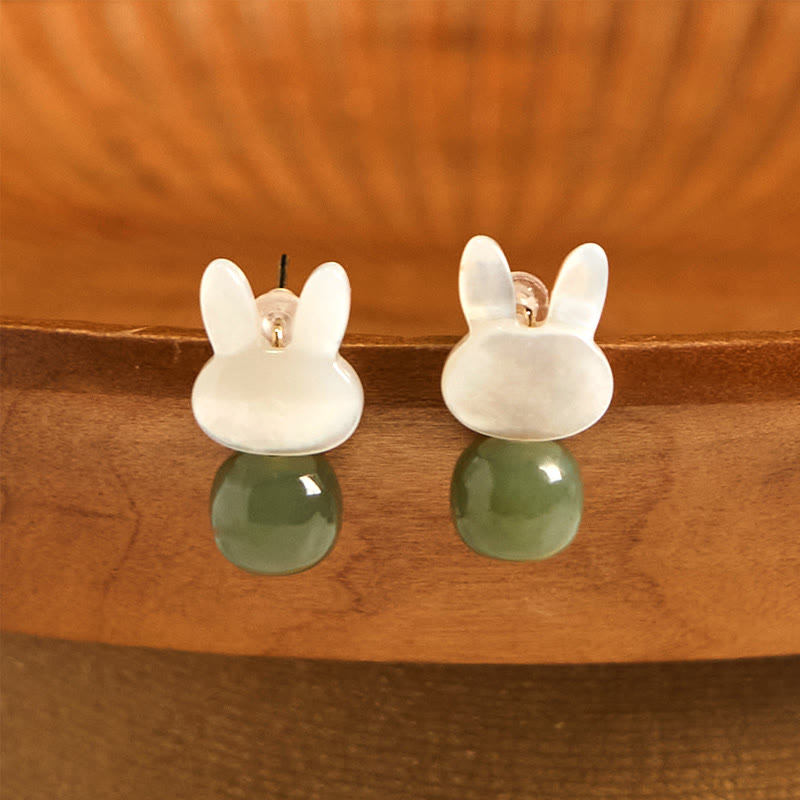 Nimara Ritual Tridacna Stone Cute Rabbit Hetian Jade Luck Earrings