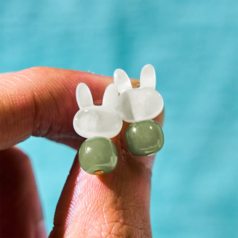 Nimara Ritual Tridacna Stone Cute Rabbit Hetian Jade Luck Earrings