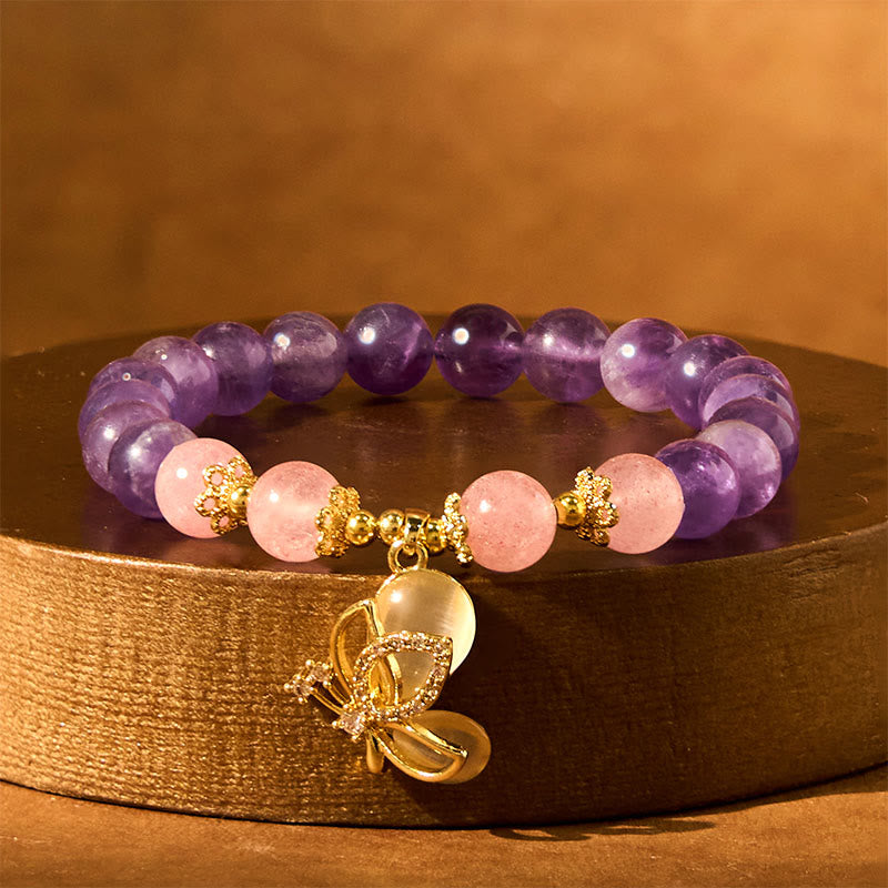 Nimara Ritual Natural Amethyst Strawberry Quartz Crystal Healing Butterfly Charm Bracelet