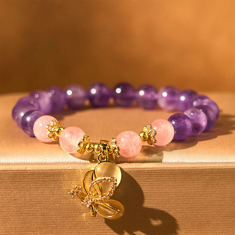 Nimara Ritual Natural Amethyst Strawberry Quartz Crystal Healing Butterfly Charm Bracelet