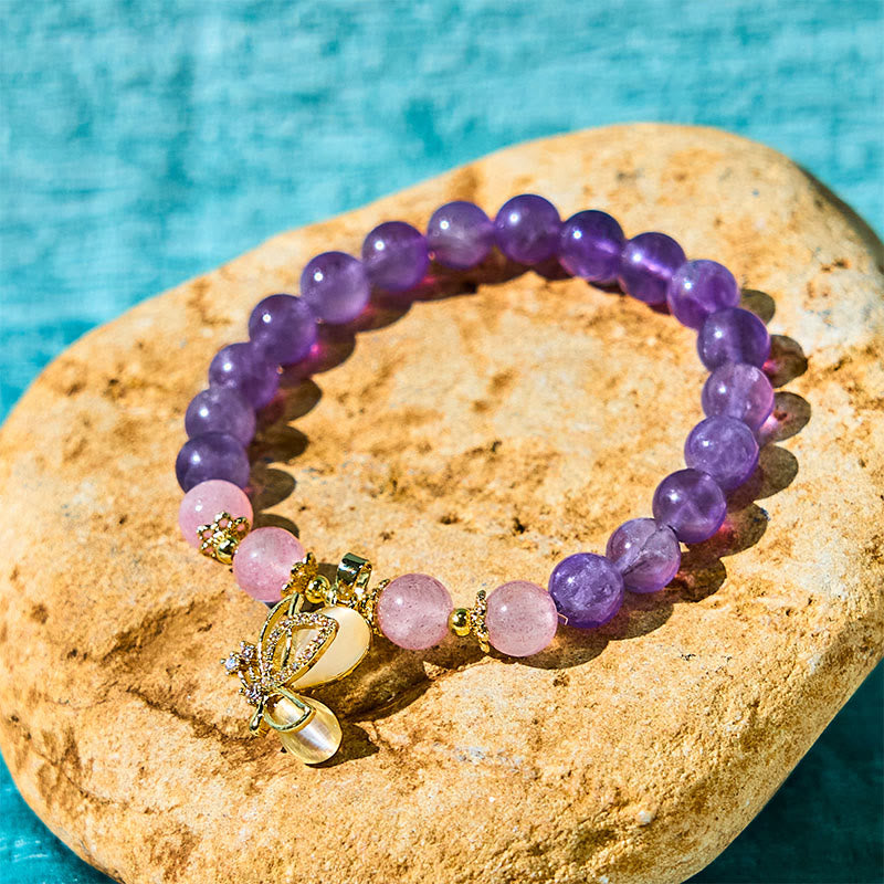 Nimara Ritual Natural Amethyst Strawberry Quartz Crystal Healing Butterfly Charm Bracelet