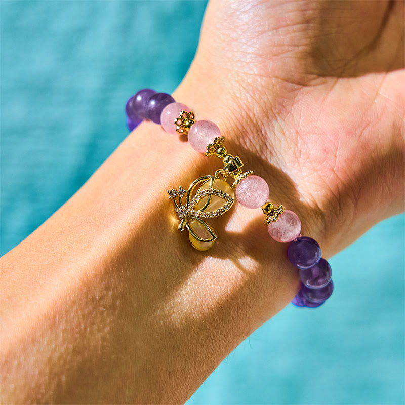 Nimara Ritual Natural Amethyst Strawberry Quartz Crystal Healing Butterfly Charm Bracelet