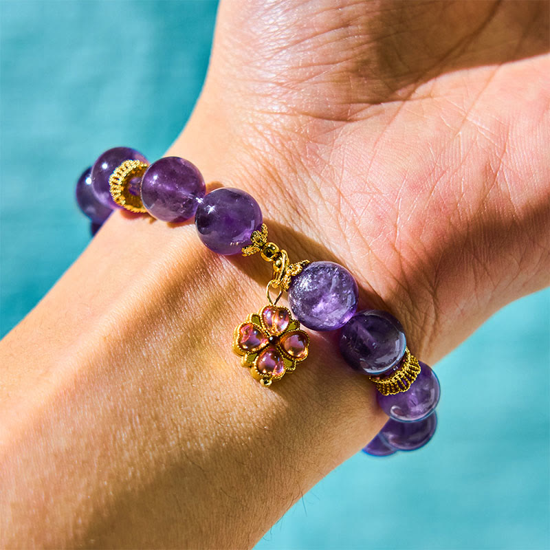 Nimara Ritual Natural Amethyst Four Leaf Clover Charm Communication Bracelet
