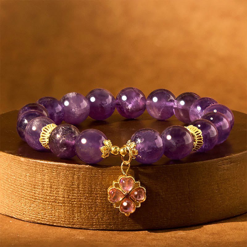 Nimara Ritual Natural Amethyst Four Leaf Clover Charm Communication Bracelet