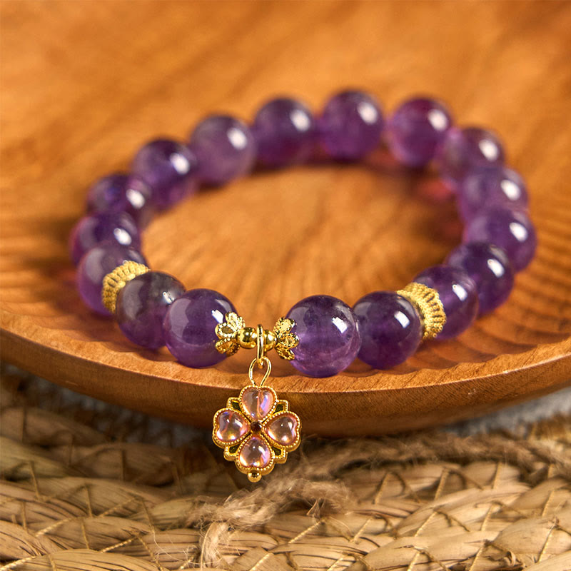 Nimara Ritual Natural Amethyst Four Leaf Clover Charm Communication Bracelet
