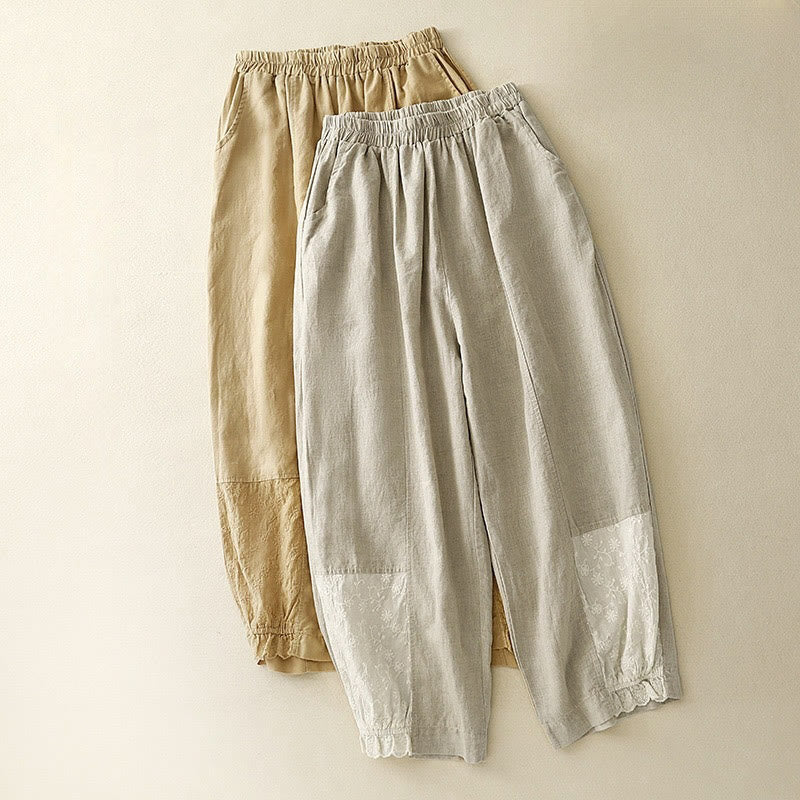 Nimara Ritual Casual Embroidery Patchwork Fabric 7-8 Length Cropped Pants Women's Cotton Harem Pants With Pockets