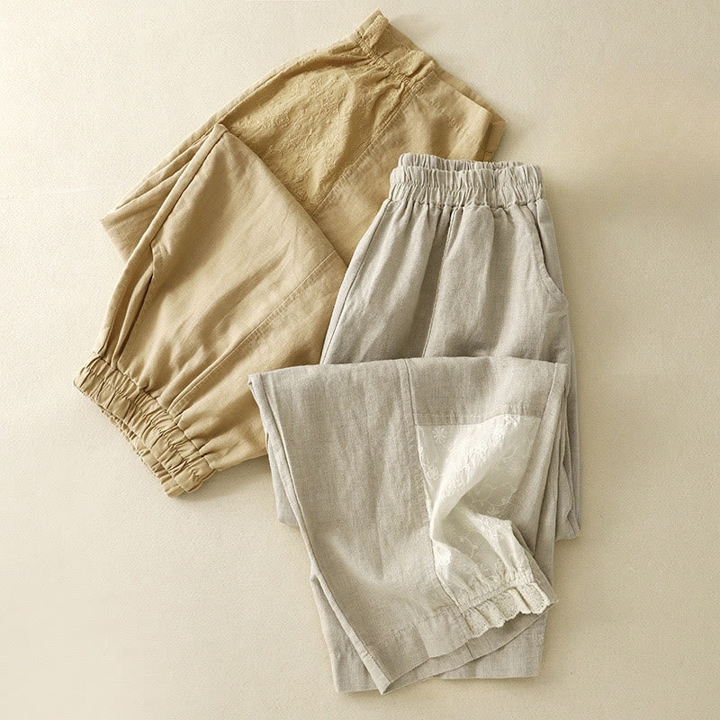 Nimara Ritual Casual Embroidery Patchwork Fabric 7-8 Length Cropped Pants Women's Cotton Harem Pants With Pockets