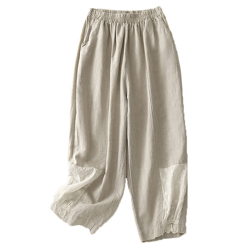 Nimara Ritual Casual Embroidery Patchwork Fabric 7-8 Length Cropped Pants Women's Cotton Harem Pants With Pockets