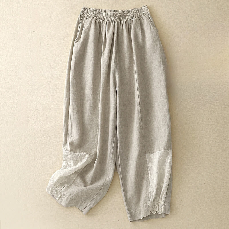 Nimara Ritual Casual Embroidery Patchwork Fabric 7-8 Length Cropped Pants Women's Cotton Harem Pants With Pockets