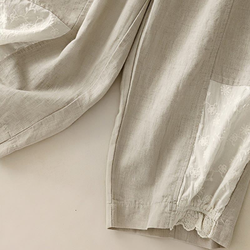 Nimara Ritual Casual Embroidery Patchwork Fabric 7-8 Length Cropped Pants Women's Cotton Harem Pants With Pockets