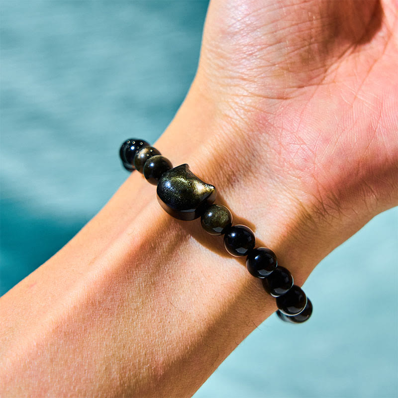Nimara Ritual Gold Sheen Obsidian Silver Sheen Obsidian Lovely Paw Lucky Cat Protection Bracelet