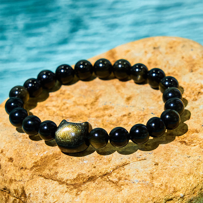 Nimara Ritual Gold Sheen Obsidian Silver Sheen Obsidian Lovely Paw Lucky Cat Protection Bracelet