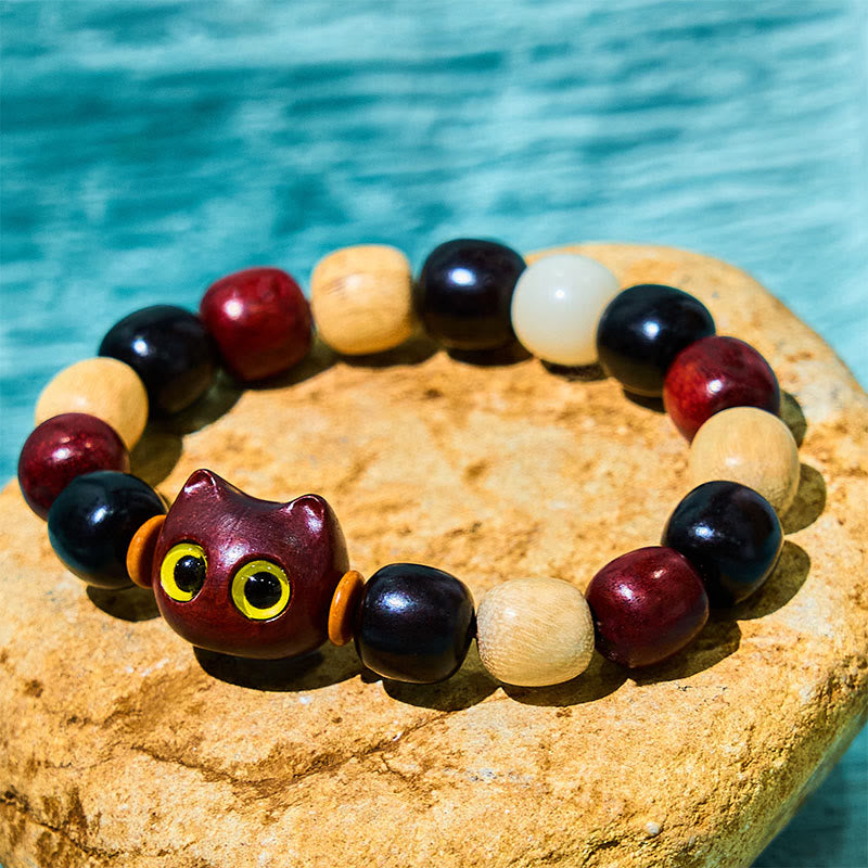Nimara Ritual Small Leaf Red Sandalwood Ebony Wood Cute Cat Engraved Protection Bracelet