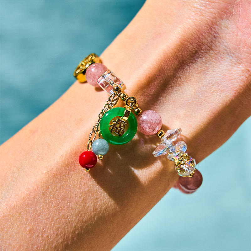 Nimara Ritual Strawberry Quartz Jade Fu Character Charm Healing Bracelet