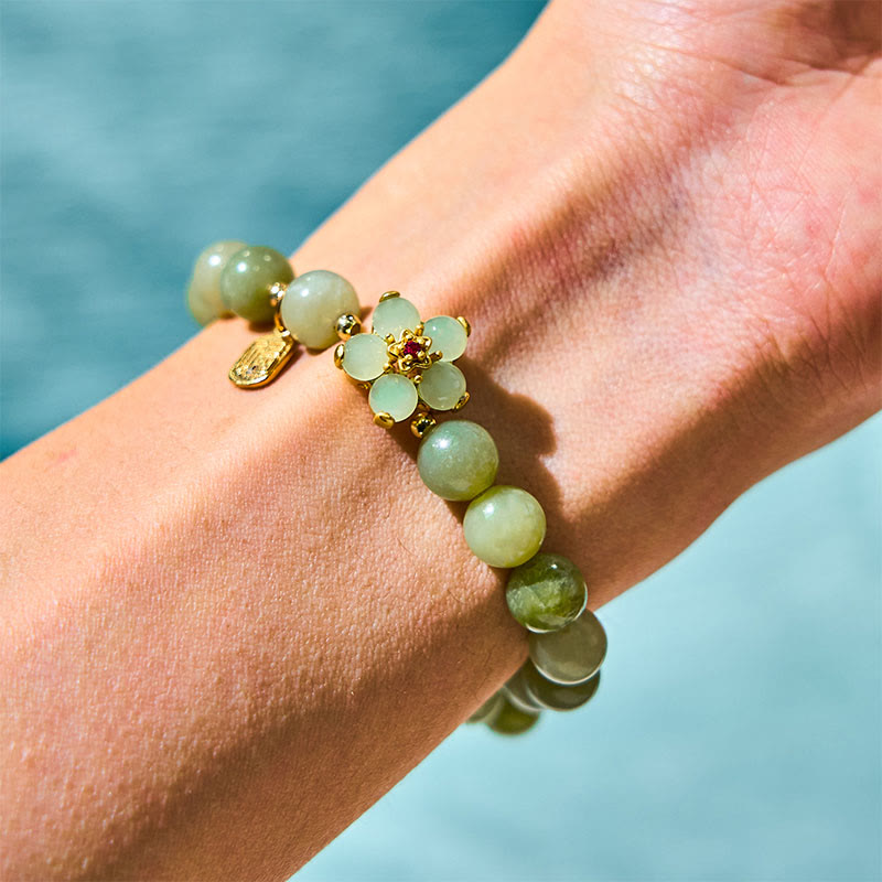 Nimara Ritual Green Jade Flower Fu Character Charm Luck Bracelet