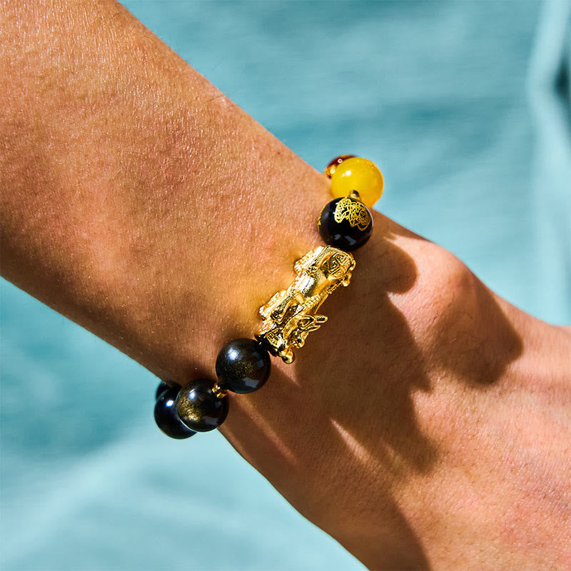 Nimara Ritual Natural Gold Sheen Obsidian PiXiu Five Directions Gods of Wealth Protection Bracelet