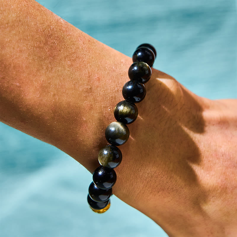 Nimara Ritual Natural Gold Sheen Obsidian PiXiu Om Mani Padme Hum Wealth Bracelet