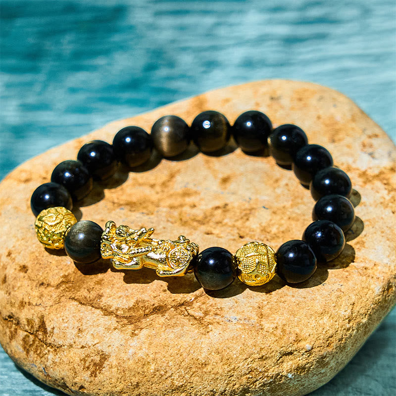 Nimara Ritual Natural Gold Sheen Obsidian PiXiu Om Mani Padme Hum Wealth Bracelet