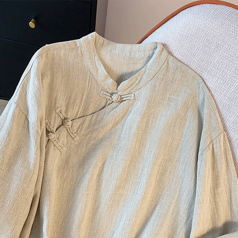 Nimara Ritual Casual Women's Plain Frog-Button Stand Collar Design Long Sleeve Shirt