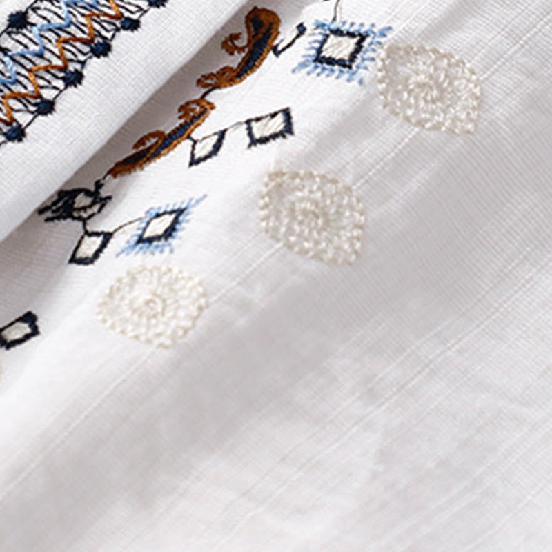 Nimara Ritual Casual Women's Bohemia Embroidery Flowers V-Neck Design Half Sleeve Shirt