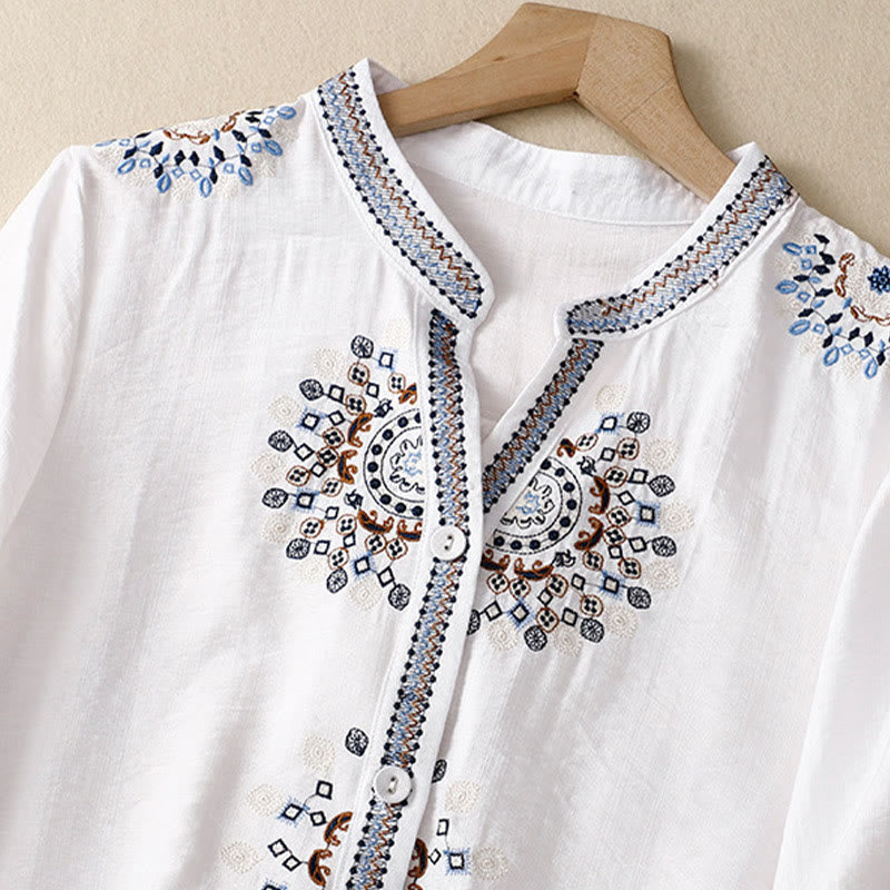 Nimara Ritual Casual Women's Bohemia Embroidery Flowers V-Neck Design Half Sleeve Shirt
