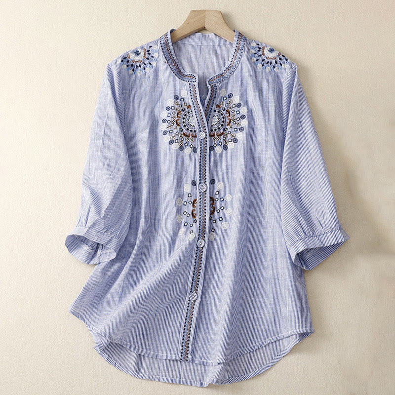 Nimara Ritual Casual Women's Bohemia Embroidery Flowers V-Neck Design Half Sleeve Shirt