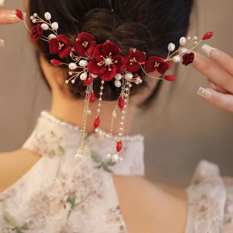 Nimara Ritual Chinese Oriental Wedding Bridal Red Rose Hair Clip