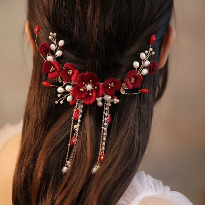 Nimara Ritual Chinese Oriental Wedding Bridal Red Rose Hair Clip