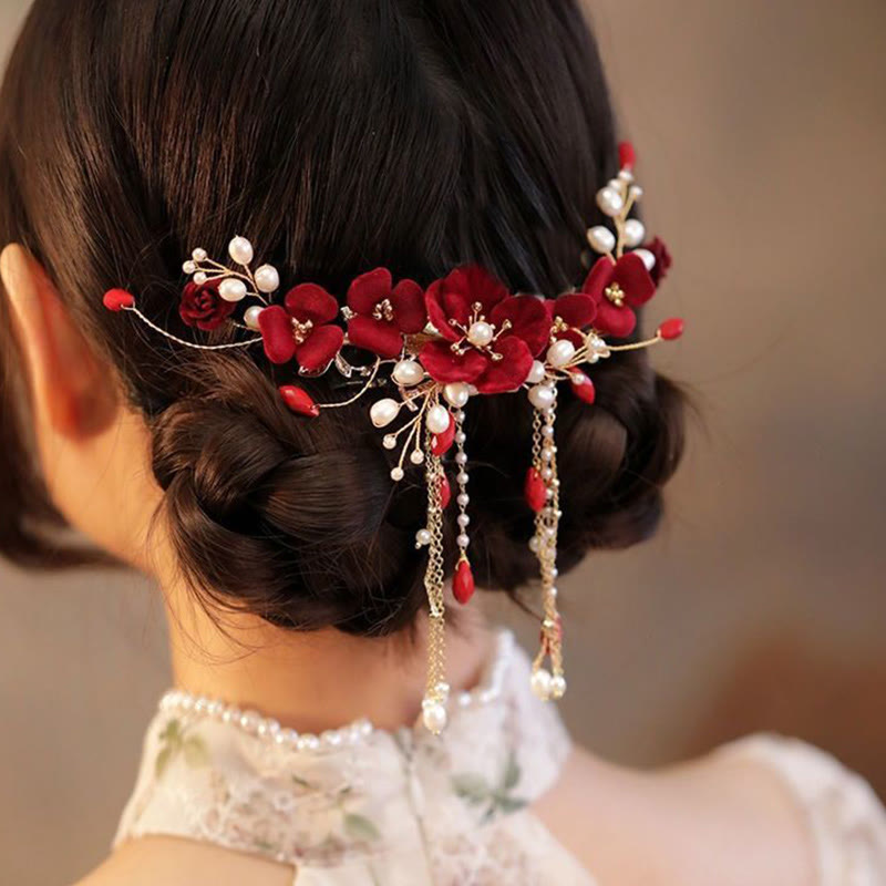Nimara Ritual Chinese Oriental Wedding Bridal Red Rose Hair Clip