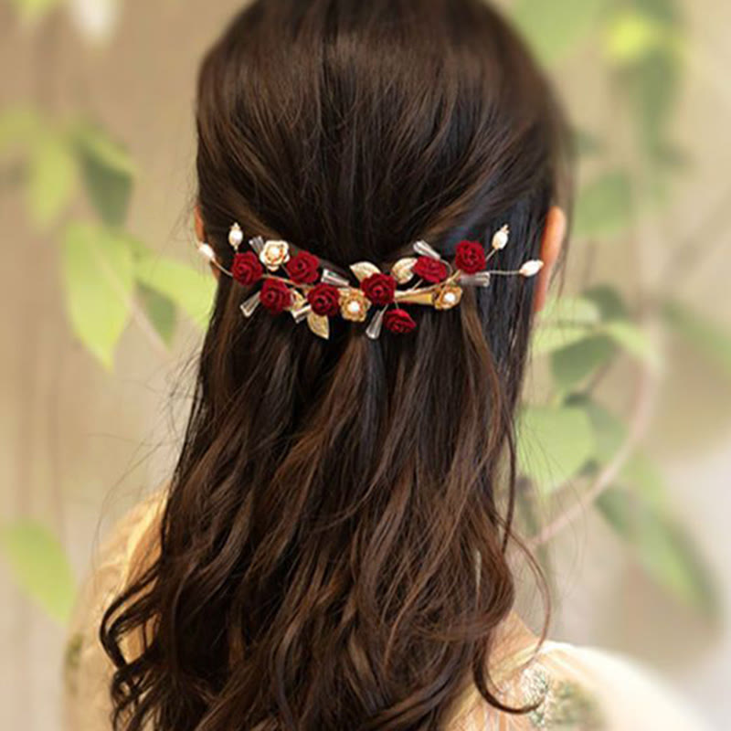 Nimara Ritual Chinese Oriental Wedding Bridal Red Rose Hair Clip