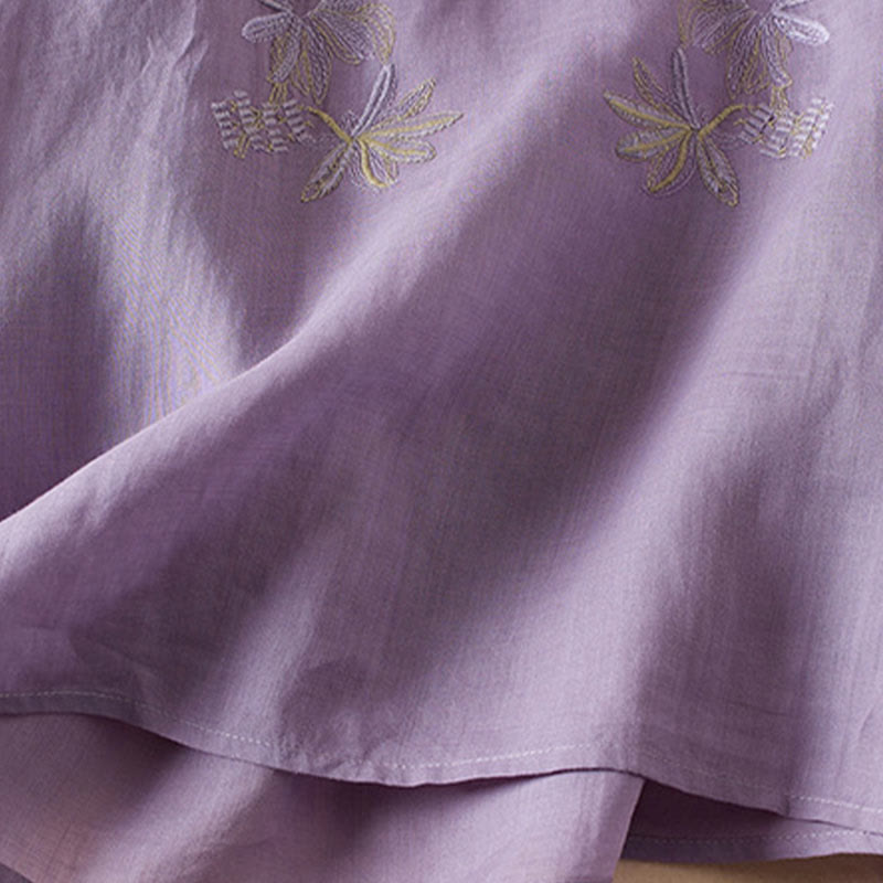 Nimara Ritual Casual Embroidery Plants Women's V-Neck Design Half Sleeve Cotton Blended Shirt