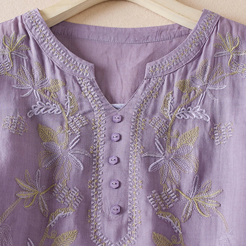Nimara Ritual Casual Embroidery Plants Women's V-Neck Design Half Sleeve Cotton Blended Shirt