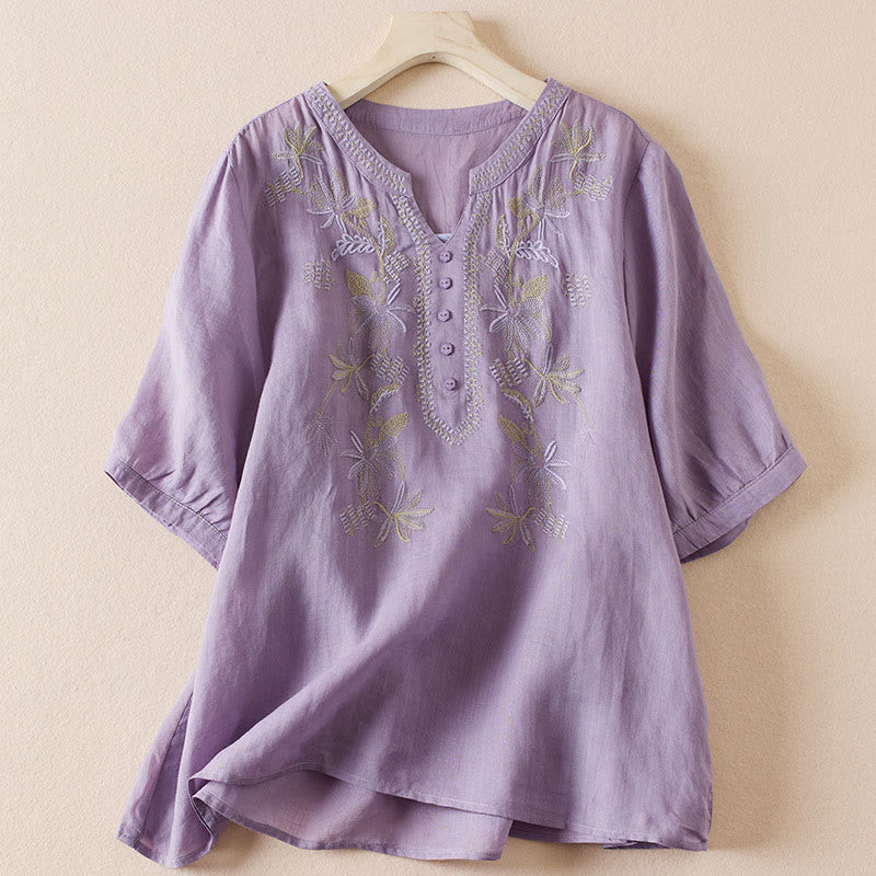 Nimara Ritual Casual Embroidery Plants Women's V-Neck Design Half Sleeve Cotton Blended Shirt