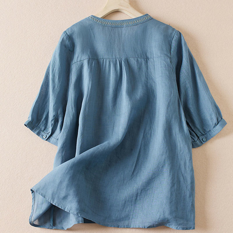 Nimara Ritual Casual Embroidery Plants Women's V-Neck Design Half Sleeve Cotton Blended Shirt