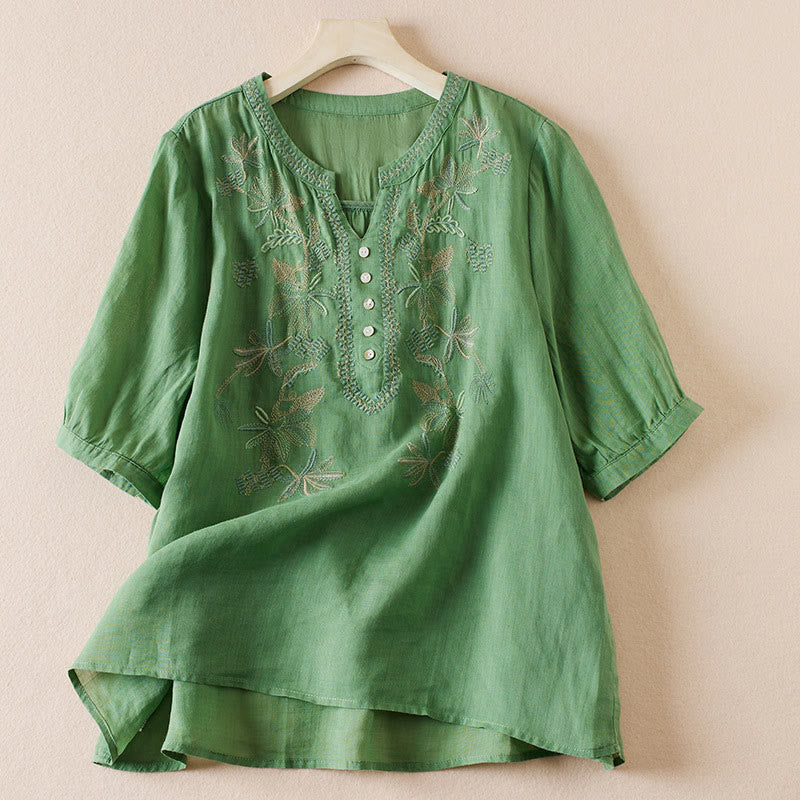 Nimara Ritual Casual Embroidery Plants Women's V-Neck Design Half Sleeve Cotton Blended Shirt
