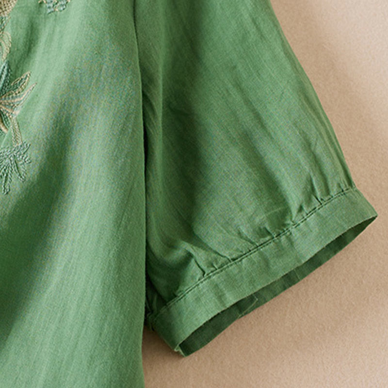 Nimara Ritual Casual Embroidery Plants Women's V-Neck Design Half Sleeve Cotton Blended Shirt