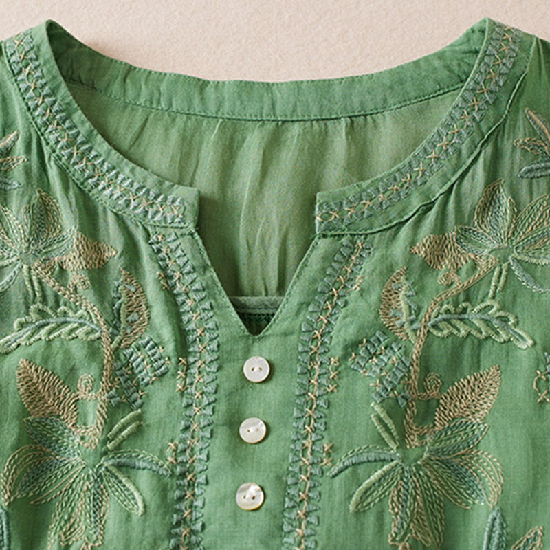 Nimara Ritual Casual Embroidery Plants Women's V-Neck Design Half Sleeve Cotton Blended Shirt