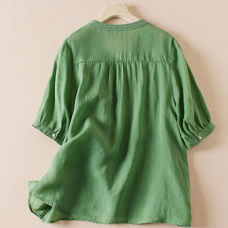 Nimara Ritual Casual Embroidery Plants Women's V-Neck Design Half Sleeve Cotton Blended Shirt