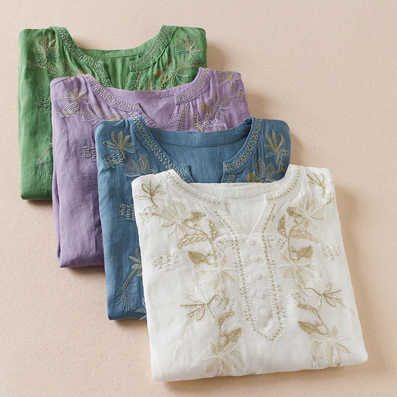 Nimara Ritual Casual Embroidery Plants Women's V-Neck Design Half Sleeve Cotton Blended Shirt