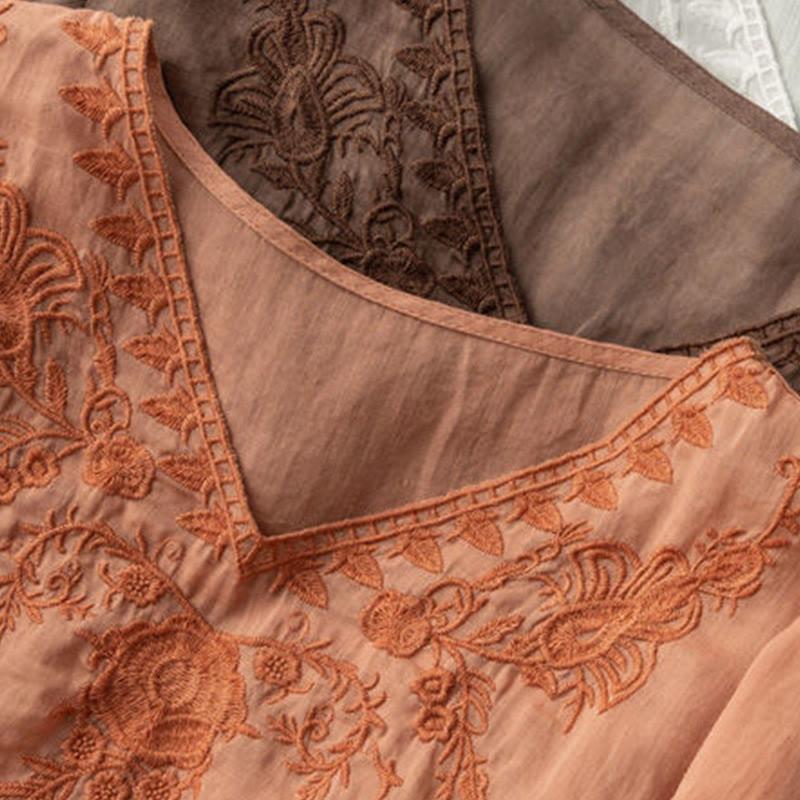 Nimara Ritual Casual Embroidery Floral Women's V-Neck Design Half Sleeve Cotton Shirt