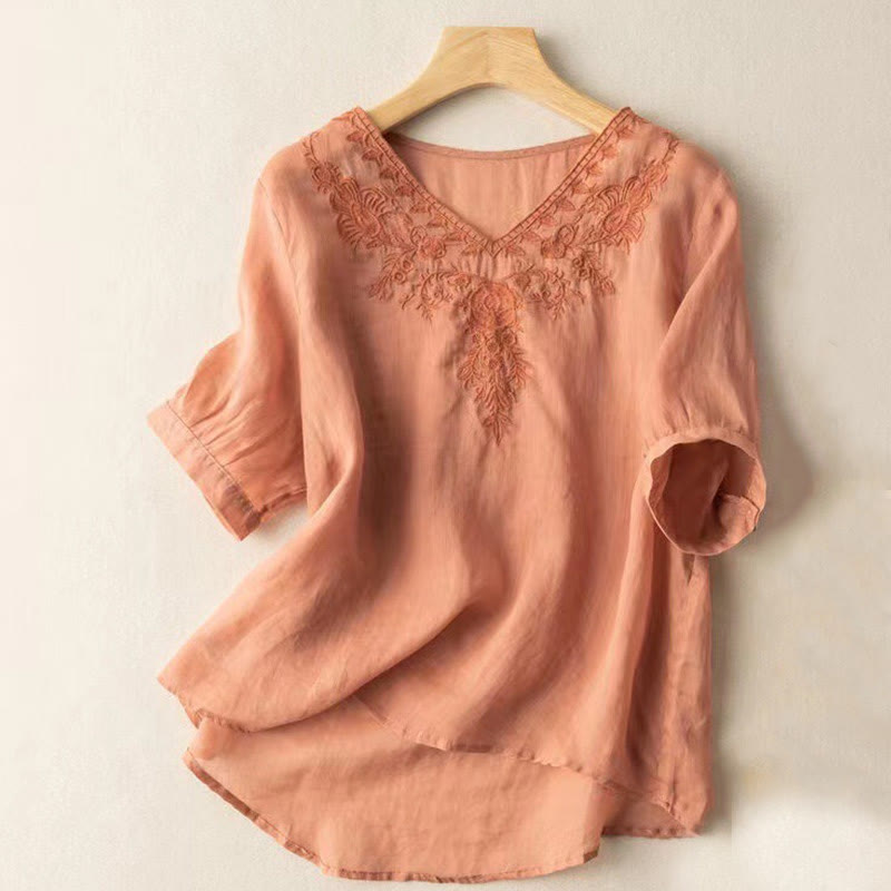 Nimara Ritual Casual Embroidery Floral Women's V-Neck Design Half Sleeve Cotton Shirt