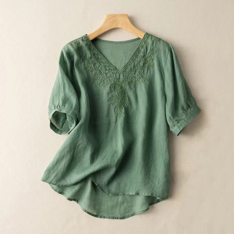 Nimara Ritual Casual Embroidery Floral Women's V-Neck Design Half Sleeve Cotton Shirt