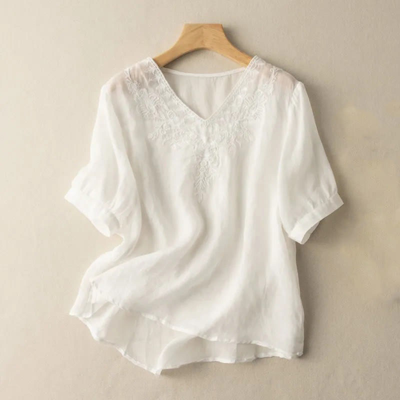 Nimara Ritual Casual Embroidery Floral Women's V-Neck Design Half Sleeve Cotton Shirt