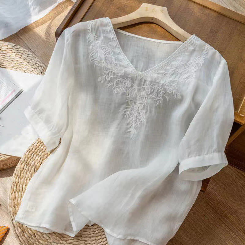 Nimara Ritual Casual Embroidery Floral Women's V-Neck Design Half Sleeve Cotton Shirt