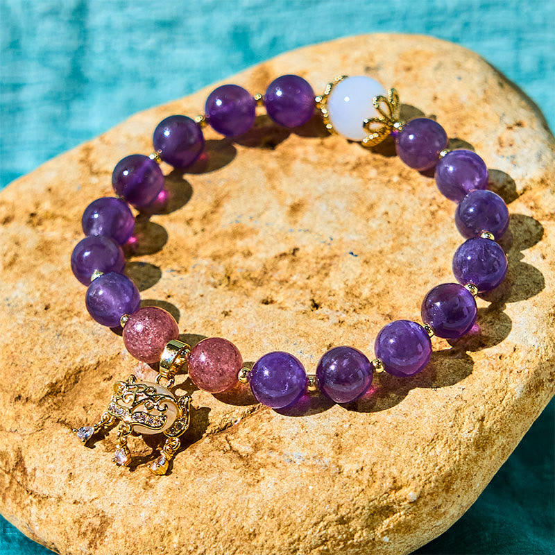 Nimara Ritual Natural Amethyst Strawberry Quartz Peace Lock Charm Positive Bracelet